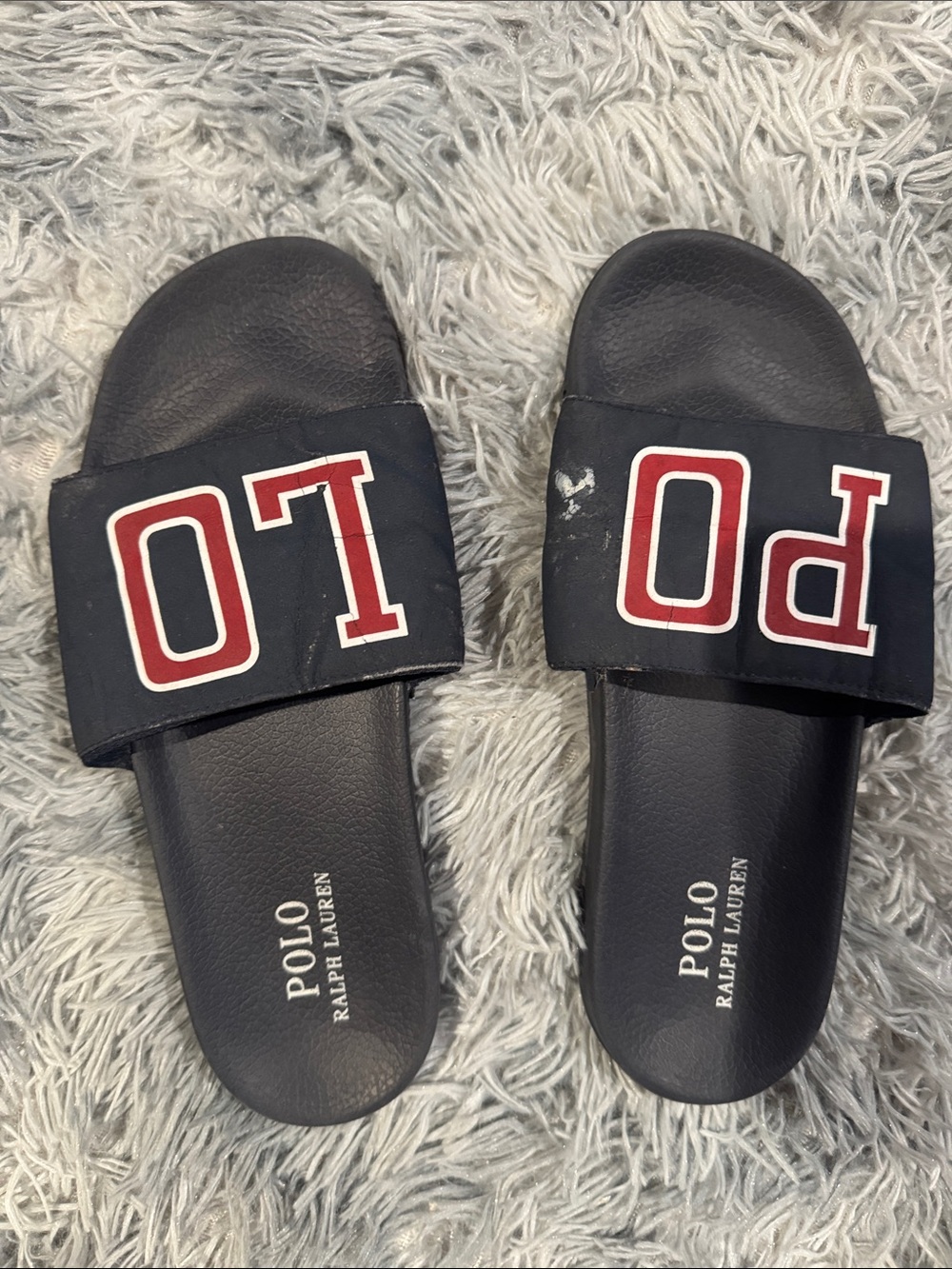Polo by Ralph Lauren Navy Slides with Red and White Logo